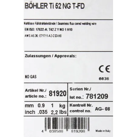 Bohler FCAW (SS) drut spawalniczy rdzeniowy samoosłonowy Ti52 NG 0.9X1kg (cena za szpulę)