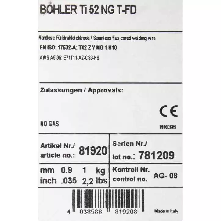 Bohler FCAW (SS) drut spawalniczy rdzeniowy samoosłonowy Ti52 NG 0.9X1kg (cena za szpulę) Bohler FCAW (SS) drut spawalniczy rdzeniowy samoosłonowy Ti52 NG 0.9X1kg (cena za szpulę)