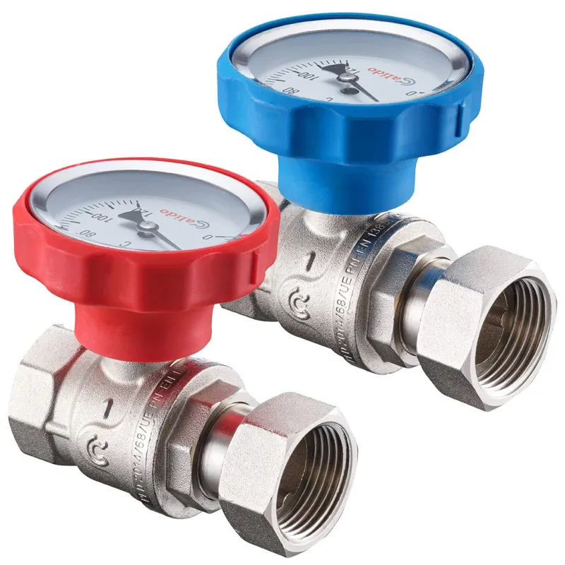 ZAWÓR KULOWY Z RUCHOMĄ NAKRĘTKĄ W/W 1" Z NIEBIESKIM POKRĘTŁEM TERMOMETR PEŁEN NIKIEL