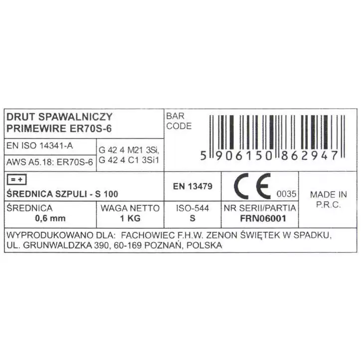 PrimeWire MAG drut spawalniczy ER70S-6 G3Si1 SG2 0.6mm 1kg S100 szpula plastykowa. PrimeWire MAG drut spawalniczy ER70S-6 G3Si1 SG2 0.6mm 1kg S100 szpula plastykowa.