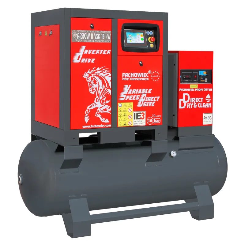 Sprężarka śrubowa ARROW II VSD 15 kW/500 720-1800 l/min. 10 Bar zestaw na zbiorniku poziomym 500L + osuszacz + filtry ISO 8573-1 Sprężarka śrubowa ARROW II VSD 15 kW/500 720-1800 l/min. 10 Bar zestaw na zbiorniku poziomym 500L + osuszacz + filtry ISO 8573-1
