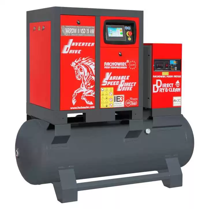 Sprężarka śrubowa ARROW II VSD 15 kW/500 720-1800 l/min. 10 Bar zestaw na zbiorniku poziomym 500L + osuszacz + filtry ISO 8573-1 Sprężarka śrubowa ARROW II VSD 15 kW/500 720-1800 l/min. 10 Bar zestaw na zbiorniku poziomym 500L + osuszacz + filtry ISO 8573-1