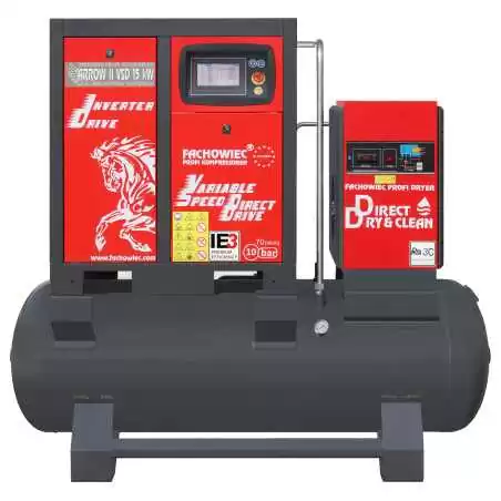 Sprężarka śrubowa ARROW II VSD 15 kW/500 720-1800 l/min. 10 Bar zestaw na zbiorniku poziomym 500L + osuszacz + filtry ISO 8573-1