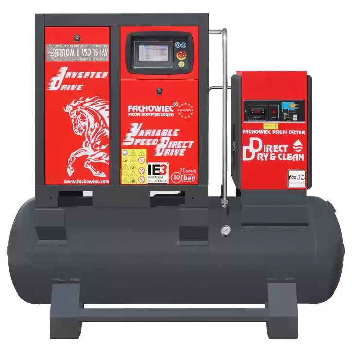 Sprężarka śrubowa ARROW II VSD 15 kW/500 720-1800 l/min. 10 Bar zestaw na zbiorniku poziomym 500L + osuszacz + filtry ISO 8573-1 Sprężarka śrubowa ARROW II VSD 15 kW/500 720-1800 l/min. 10 Bar zestaw na zbiorniku poziomym 500L + osuszacz + filtry ISO 8573-1