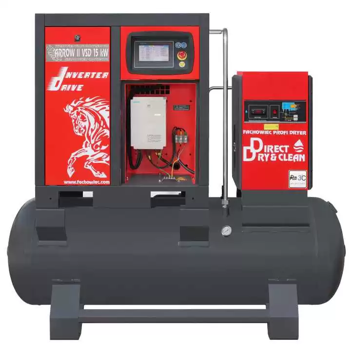 Sprężarka śrubowa ARROW II VSD 15 kW/500 720-1800 l/min. 10 Bar zestaw na zbiorniku poziomym 500L + osuszacz + filtry ISO 8573-1 Sprężarka śrubowa ARROW II VSD 15 kW/500 720-1800 l/min. 10 Bar zestaw na zbiorniku poziomym 500L + osuszacz + filtry ISO 8573-1
