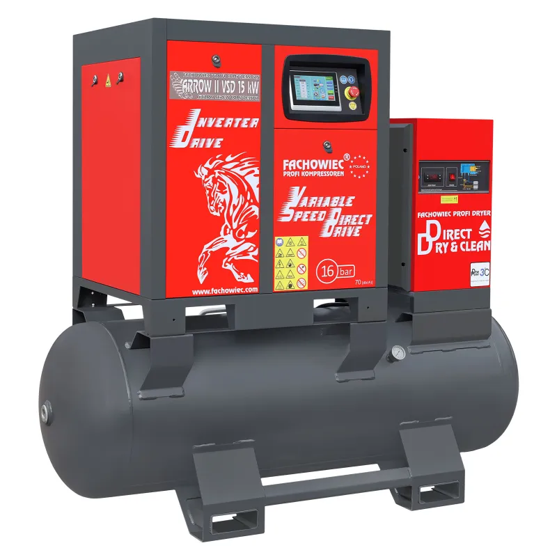 Sprężarka śrubowa ARROW II VSD 15 kW/500 420-1100 l/min. 16 Bar zestaw na zbiorniku poziomym 500L+ osuszacz + filtry ISO 8573-1 Sprężarka śrubowa ARROW II VSD 15 kW/500 420-1100 l/min. 16 Bar zestaw na zbiorniku poziomym 500L+ osuszacz + filtry ISO 8573-1
