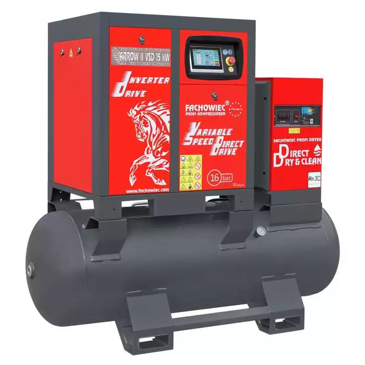 Sprężarka śrubowa ARROW II VSD 15 kW/500 420-1100 l/min. 16 Bar zestaw na zbiorniku poziomym 500L+ osuszacz + filtry ISO 8573-1 Sprężarka śrubowa ARROW II VSD 15 kW/500 420-1100 l/min. 16 Bar zestaw na zbiorniku poziomym 500L+ osuszacz + filtry ISO 8573-1