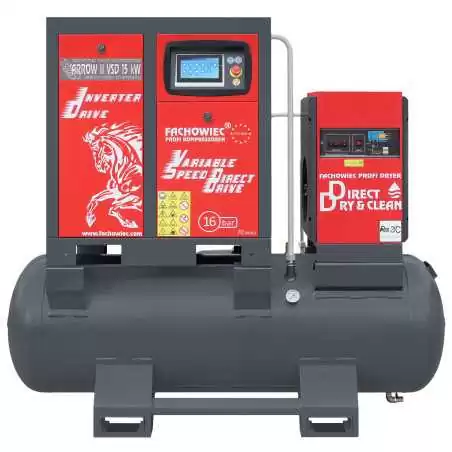 Sprężarka śrubowa ARROW II VSD 15 kW/500 420-1100 l/min. 16 Bar zestaw na zbiorniku poziomym 500L+ osuszacz + filtry ISO 8573-1 