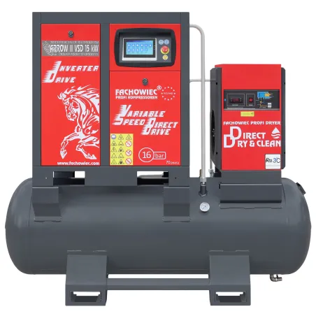Sprężarka śrubowa ARROW II VSD 15 kW/500 420-1100 l/min. 16 Bar zestaw na zbiorniku poziomym 500L+ osuszacz + filtry ISO 8573-1 