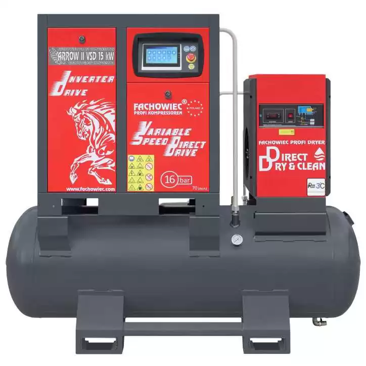 Sprężarka śrubowa ARROW II VSD 15 kW/500 420-1100 l/min. 16 Bar zestaw na zbiorniku poziomym 500L+ osuszacz + filtry ISO 8573-1 Sprężarka śrubowa ARROW II VSD 15 kW/500 420-1100 l/min. 16 Bar zestaw na zbiorniku poziomym 500L+ osuszacz + filtry ISO 8573-1