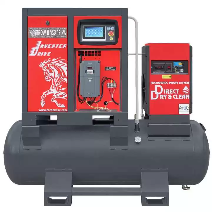 Sprężarka śrubowa ARROW II VSD 15 kW/500 420-1100 l/min. 16 Bar zestaw na zbiorniku poziomym 500L+ osuszacz + filtry ISO 8573-1 Sprężarka śrubowa ARROW II VSD 15 kW/500 420-1100 l/min. 16 Bar zestaw na zbiorniku poziomym 500L+ osuszacz + filtry ISO 8573-1