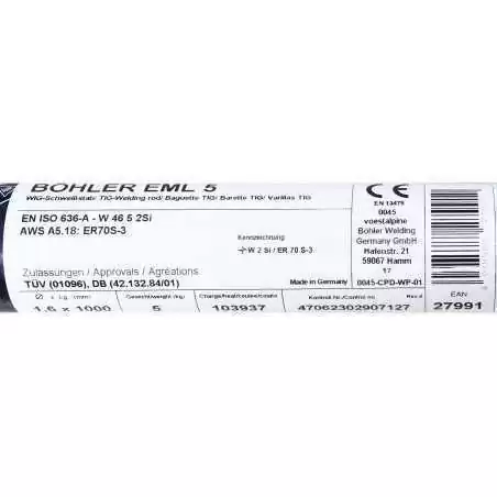 Bohler TIG drut spawalniczy pręt EML5/W2Si/ER70S-3 stal niskostopowa 1.6x1000/opk. 5kg (cena za 1kg)
