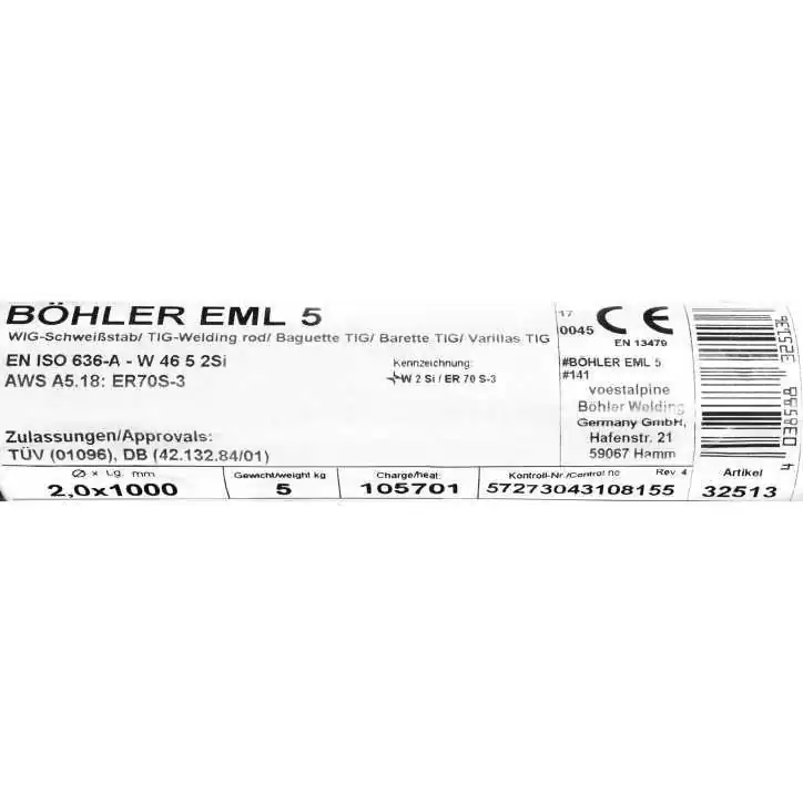 Bohler TIG drut spawalniczy pręt EML5/W2Si/ER70S-3 stal niskostopowa 2.0x1000/opk. 5kg (cena za 1kg) Bohler TIG drut spawalniczy pręt EML5/W2Si/ER70S-3 stal niskostopowa 2.0x1000/opk. 5kg (cena za 1kg)