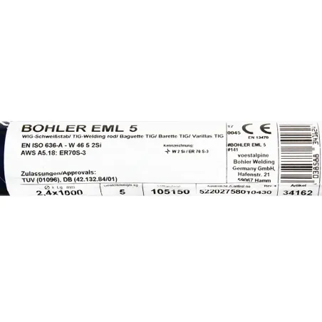 Bohler TIG drut spawalniczy pręt EML5/W2Si/ER70S-3 stal niskostopowa 2.4x1000/opk. 5kg (cena za 1kg)