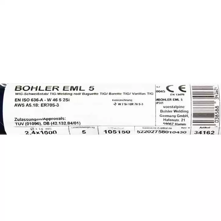 Bohler TIG drut spawalniczy pręt EML5/W2Si/ER70S-3 stal niskostopowa 2.4x1000/opk. 5kg (cena za 1kg) Bohler TIG drut spawalniczy pręt EML5/W2Si/ER70S-3 stal niskostopowa 2.4x1000/opk. 5kg (cena za 1kg)