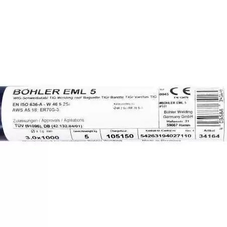 Bohler TIG drut spawalniczy pręt EML5/W2Si/ER70S-3 stal niskostopowa 3.0x1000/opk. 5kg (cena za 1kg)