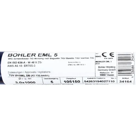 Bohler TIG drut spawalniczy pręt EML5/W2Si/ER70S-3 stal niskostopowa 3.0x1000/opk. 5kg (cena za 1kg)