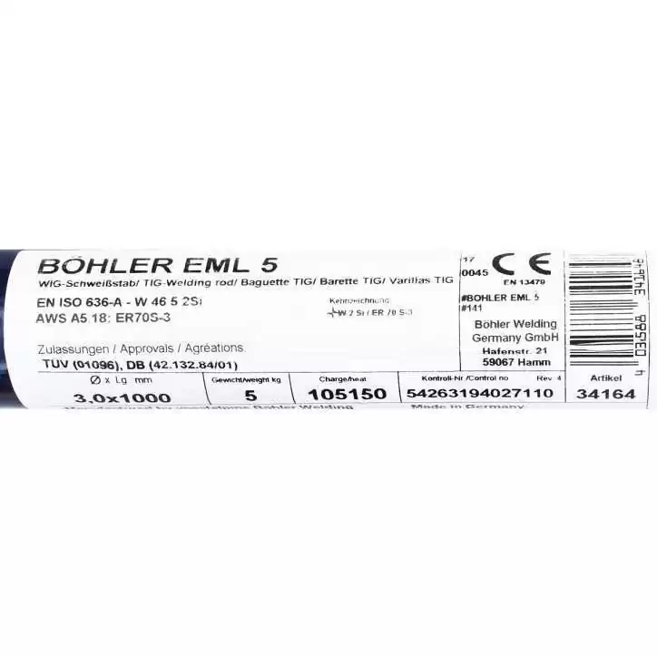 Bohler TIG drut spawalniczy pręt EML5/W2Si/ER70S-3 stal niskostopowa 3.0x1000/opk. 5kg (cena za 1kg) Bohler TIG drut spawalniczy pręt EML5/W2Si/ER70S-3 stal niskostopowa 3.0x1000/opk. 5kg (cena za 1kg)