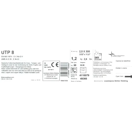 Bohler MMA elektroda spawalnicza do żeliwa UTP8 2.5x300/1kg paczka (cena za 1 paczkę)