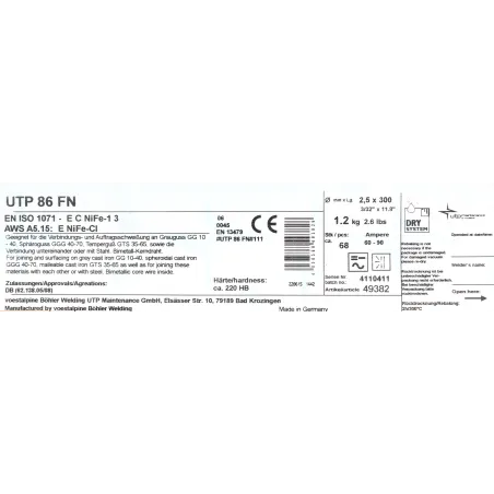 Bohler MMA elektroda spawalnicza do żeliwa UTP86FN 2.5x300/1kg paczka (cena za 1 paczkę)