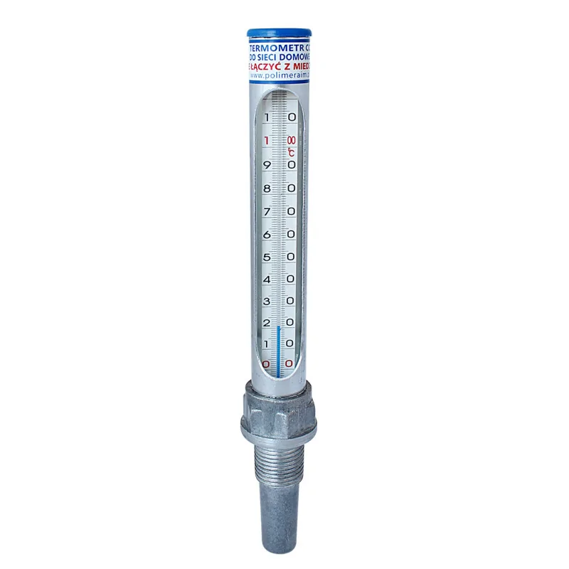 Termometr prosty 110°C, gwint G 3/4", głowica aluminiowa R50. Precyzyjny pomiar temperatury w systemach grzewczych i przemysłowych. Solidna konstrukcja i łatwy montaż.