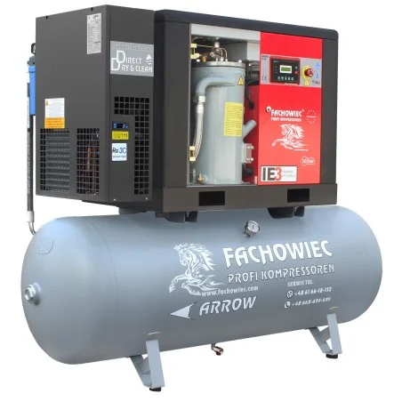 Sprężarka śrubowa Profi Kompressoren ARROW 11kW/500L zestaw na zbiorniku poziomym z osuszaczem chłodniczym 3 stopnie, filtrami 3