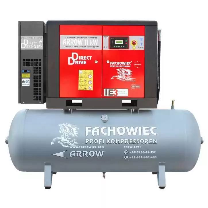 Sprężarka śrubowa Profi Kompressoren ARROW 11kW/500L zestaw na zbiorniku poziomym z osuszaczem chłodniczym 3 stopnie, filtrami 3