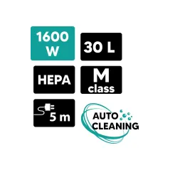 Odkurzacz budowlany z auto otrząsaczem 1600W, 30L, HEPA, M-Class