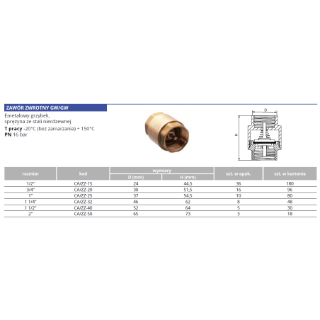 Zawór zwrotny seria Calido 1/2" W/W
