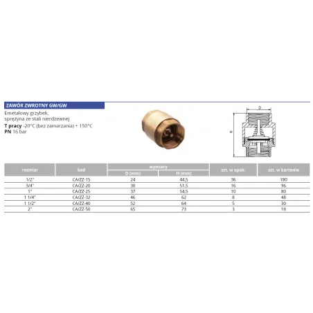 Zawór zwrotny seria Calido 1/2" W/W