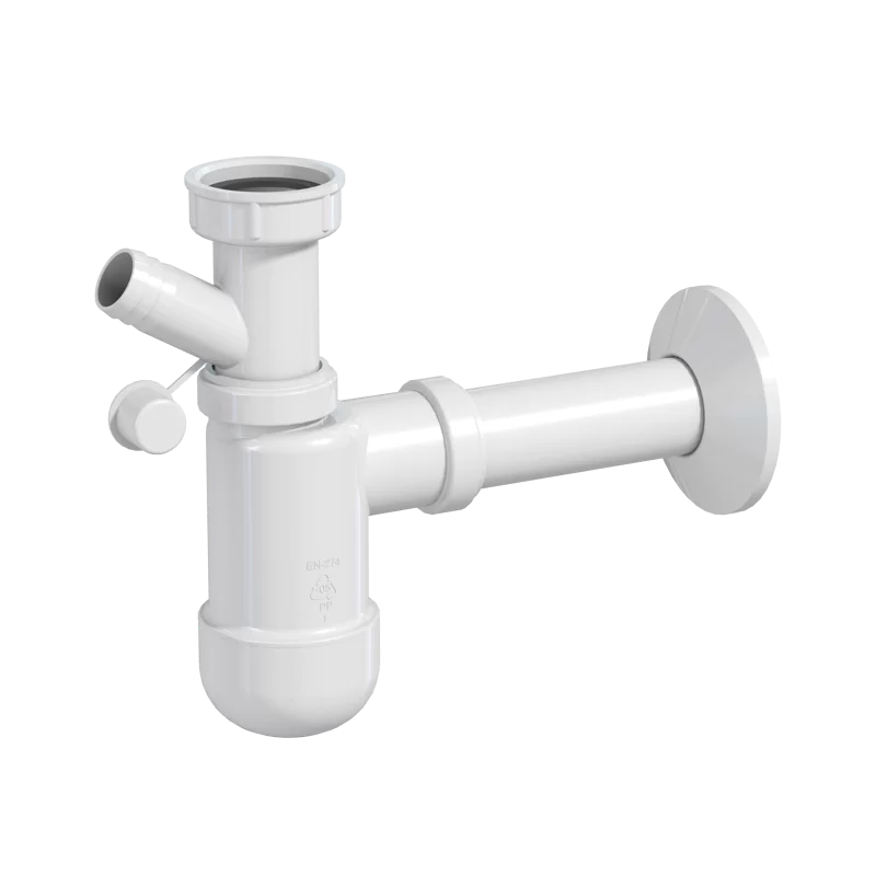 Półsyfon umywalkowy butelkowy FI 32 mm z przyłączem do pralki, rurą odpływową oraz rozetą. Idealny do eleganckich łazienek, zapewnia skuteczne odprowadzanie wody i wygodne podłączenie pralki.
