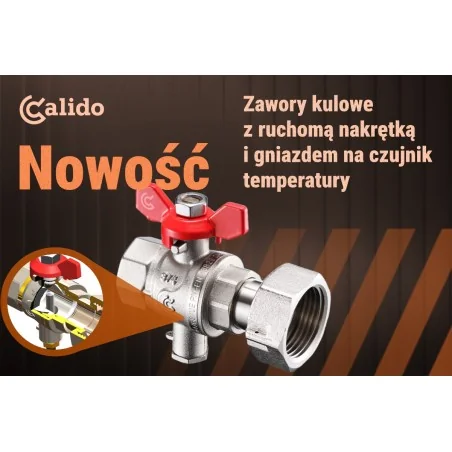 Zawór kulowy niklowany GW 3/4" X GN 1" z ruchomą nakrętką i gniazdem na czujnik temperatury