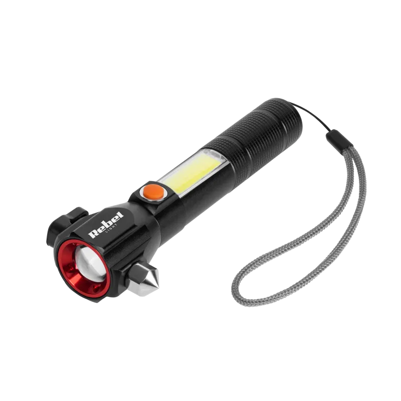 Akumulatorowa latarka wielofunkcyjna Rebel (zoom, nożyk, młotek do szyby).