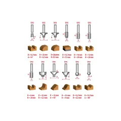 Zestaw frezów stolarskich szybkotnących, trzpień 6 mm, 12 szt.