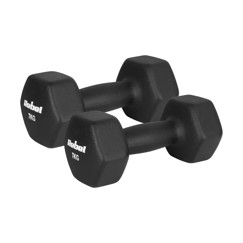 Hantelki żeliwne neoprenowe HEX 2x7kg, REBEL ACTIVE