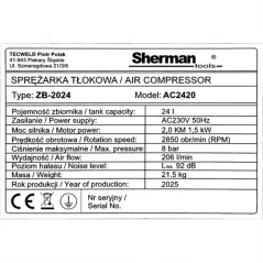 Kompresor 230V 24l 8 bar 1,5 kW Sherman, Pneumatyka TC