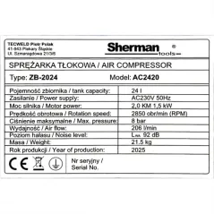 Kompresor 230V 24l 8 bar 1,5 kW Sherman, Pneumatyka TC