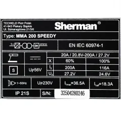 Spawarka Sherman MMA 200 Speedy (230V, 200A/60% IGBT, wyświetlacz, walizka)