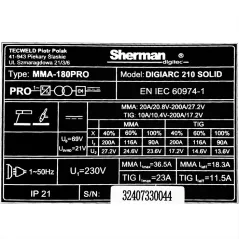 Spawarka Sherman DIGIARC 210 SOLID (230V, 200A, IGBT, Hot Start, VRD)