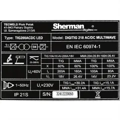 Spawarka Sherman DIGITIG 218 ACDC MULTIWAVE (230V 200A/60% IGBT, puls, kształt fali, 2T/4T, wyśw. LCD, ster.cyfr, pamięć)