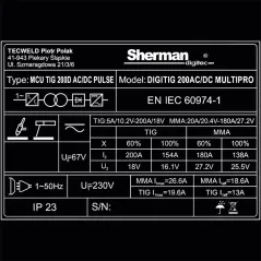 Spawarka Sherman DIGITIG 200 AC/DC MULTIPRO (230V 200A/60%, IGBT, puls 2T/4T, wyświetlacz, ster.cyfr. pamięć)
