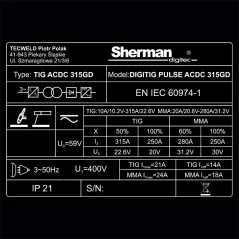 Spawarka Sherman DIGITIG pulse AC/DC 315GD (3x400V, 315A/50% IGBT, puls, 2T/4T, wyświetlacz, ster.cyfr. pamięć)