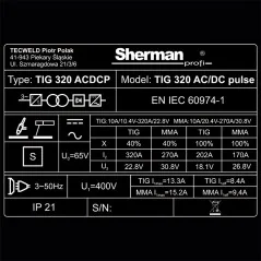 Spawarka Sherman TIG 320 AC/DC pulse (3x400V, 320A/40% IGBT, puls, 2T/4T, wyświetlacz)