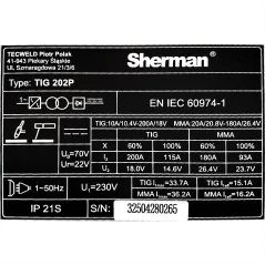 Spawarka Sherman TIG 202P (230V, 200A/60%, IGBT, puls, 2T/4T, wyświetlacz)