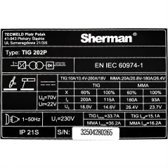 Spawarka Sherman TIG 202P (230V, 200A/60%, IGBT, puls, 2T/4T, wyświetlacz)