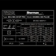 Spawarka Sherman DIGIMIG 300 Pulse (3x400V, 300A/45%, IGBT, 4R, puls, podwójny puls, 2T/4T, ster.cyfr, synergia, uchwyt MIG 4m)