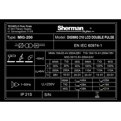 Spawarka Sherman DIGIMIG 210 LCD DOUBLE PULSE (230V, 200A/30% puls, podwójny puls, synergia, wyśw.LCD) *przyłbica V6b gratis*