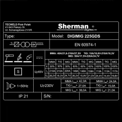 Spawarka Sherman 225GDS (230V, 220A/30% pamięć, synergia) *przyłbica V6b gratis* * 2 lata gwarancji dla firm i konsumentów *