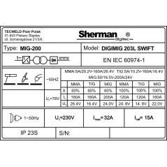 Spawarka Sherman DIGIMIG 203L SWIFT (230V, 200A/60% IGBT 2R, 2T/4T, ster.cyfr., synergia, LCD)