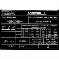 Spawarka Sherman DIGIMIG 200 CHROME (230V 200A/60% IGBT, 2R, puls, 2T/4T, ster cyfr., synergia)
